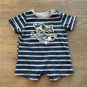 MudPie Shark Ocean Blue Grey Striped Short Romper Onesie Baby Boys 3-6m